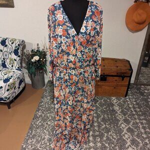 New Look Long Sleeve Floral Maxi Dress w/ Front Slits | Size 1X